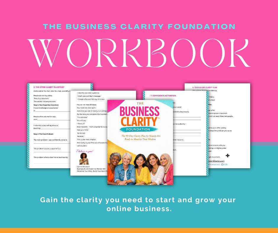 Cover of The Business Clarity Foundation workbook featuring a group of diverse women smiling, with a pink and turquoise background and white text promoting clarity for growing an online business.
