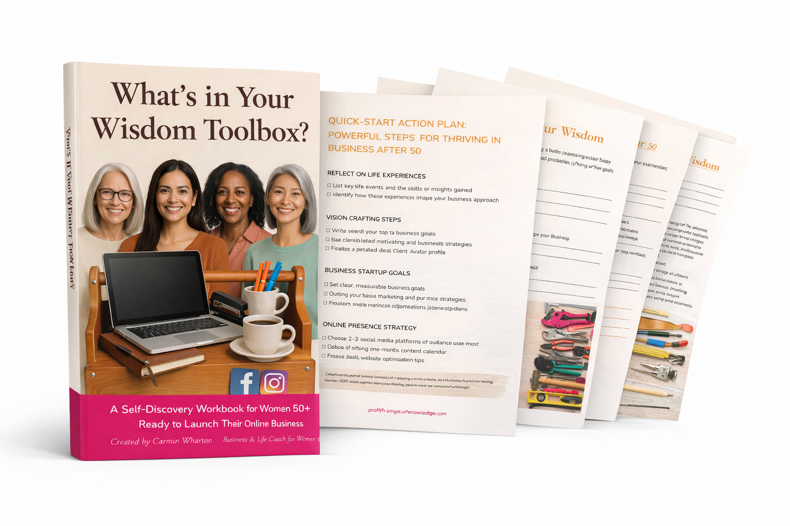 3D Cover and Pages of the Wisdom Toolbox Workbook