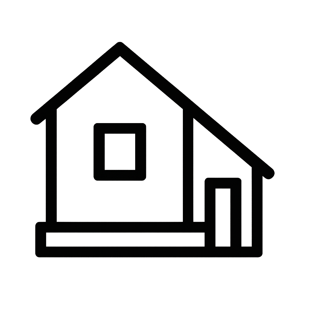 Outline drawing of a small house with a sloped roof, a single window, and a side door.