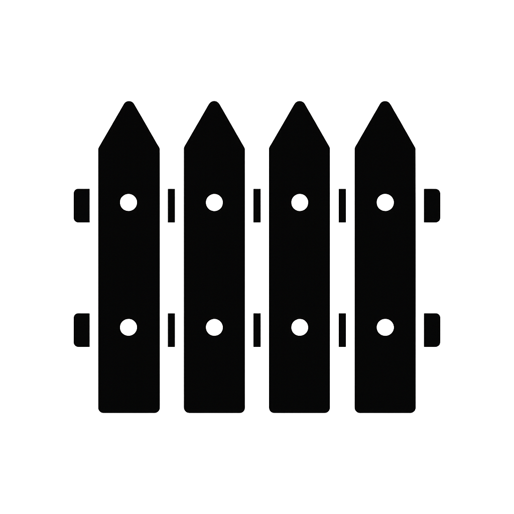Silhouette of a wooden picket fence with four pointed tops and circular holes, set against a black background.