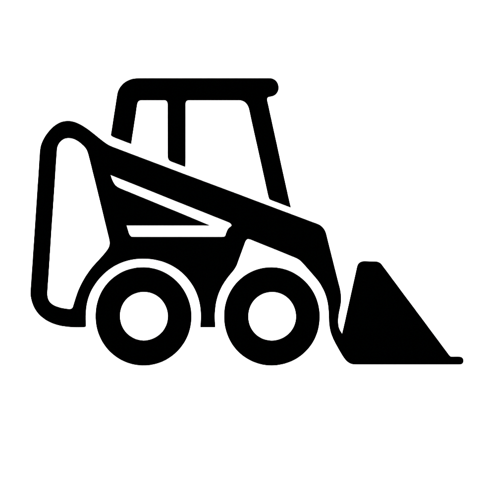 Outline illustration of a front loader construction vehicle with a scoop. The vehicle has two large wheels, a cab, and a bucket attachment at the front.