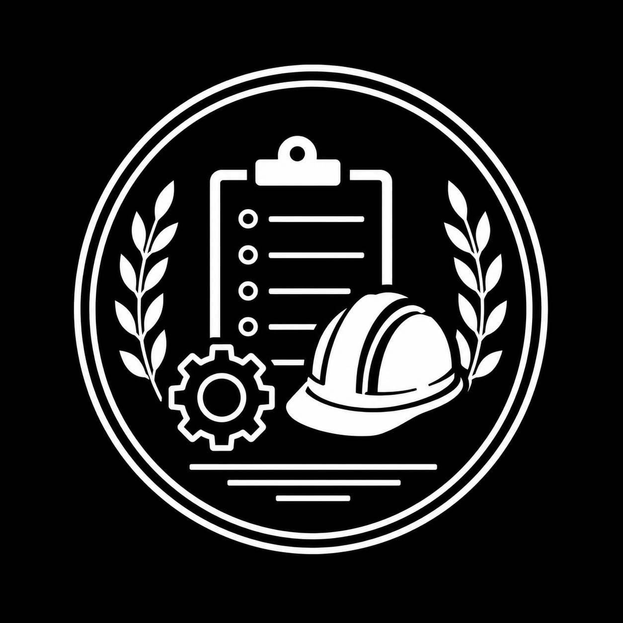 Icon representing engineering or construction, featuring a clipboard with a checklist, a safety helmet, a gear, and laurel branches in a circular emblem.