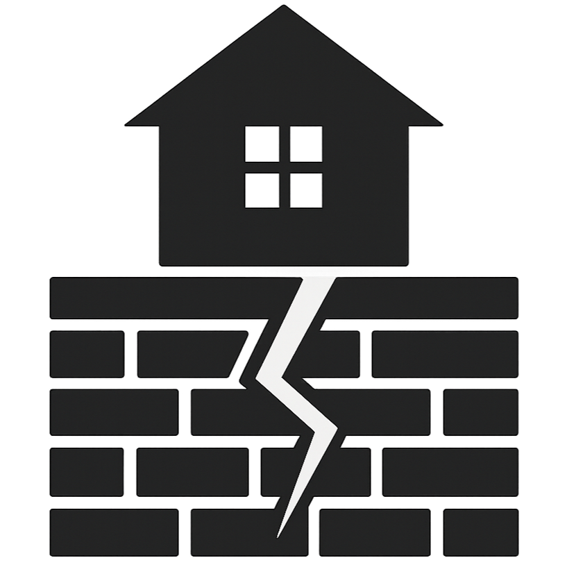 Black house with four windows above a brick wall, with a large white crack down the middle.