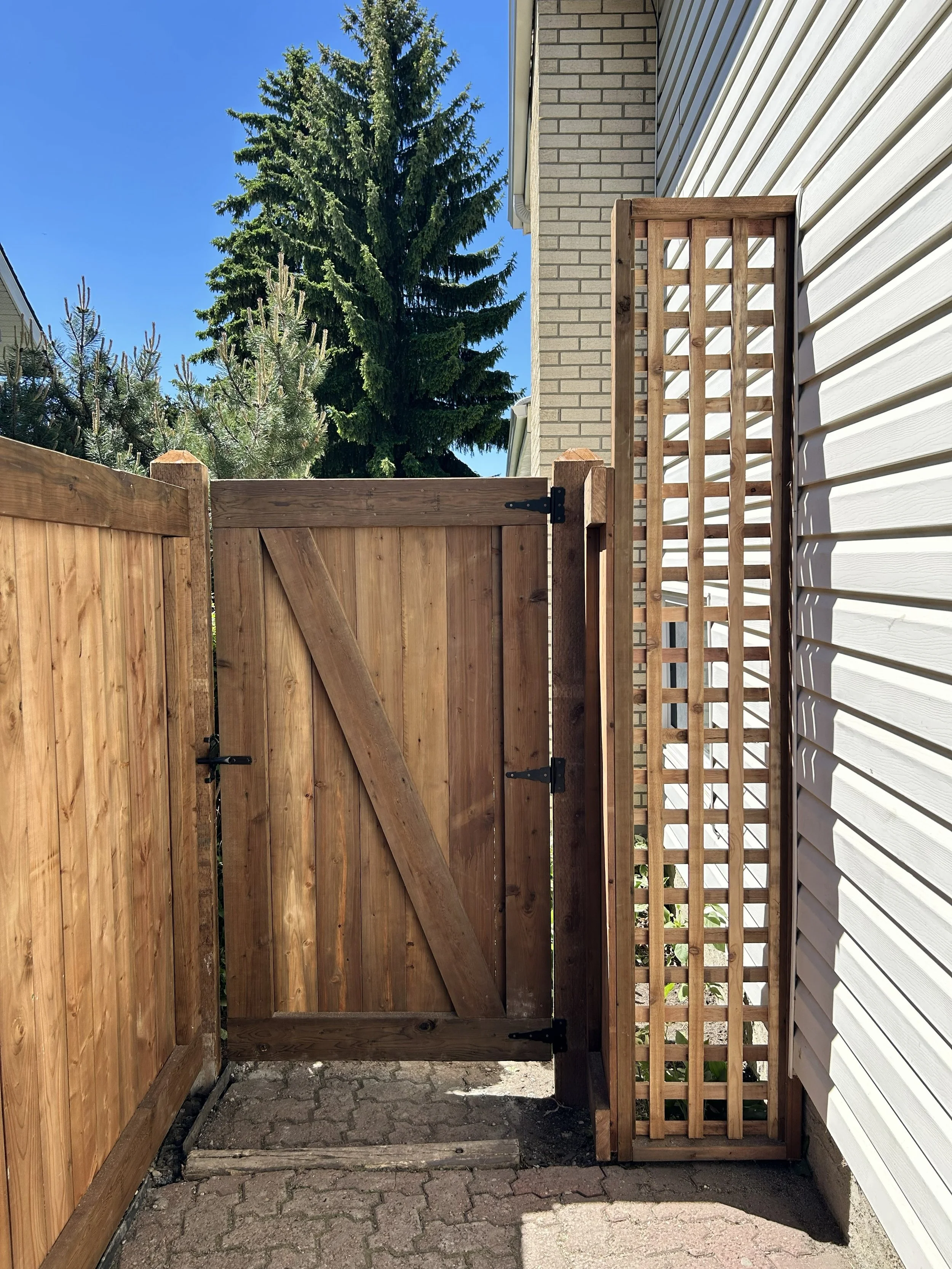 A wooden gate with a latch, part of a fence, leading to an outdoor area. The surroundings include a brick house wall, a white siding wall on the right, and tall trees with green foliage under a clear blue sky.