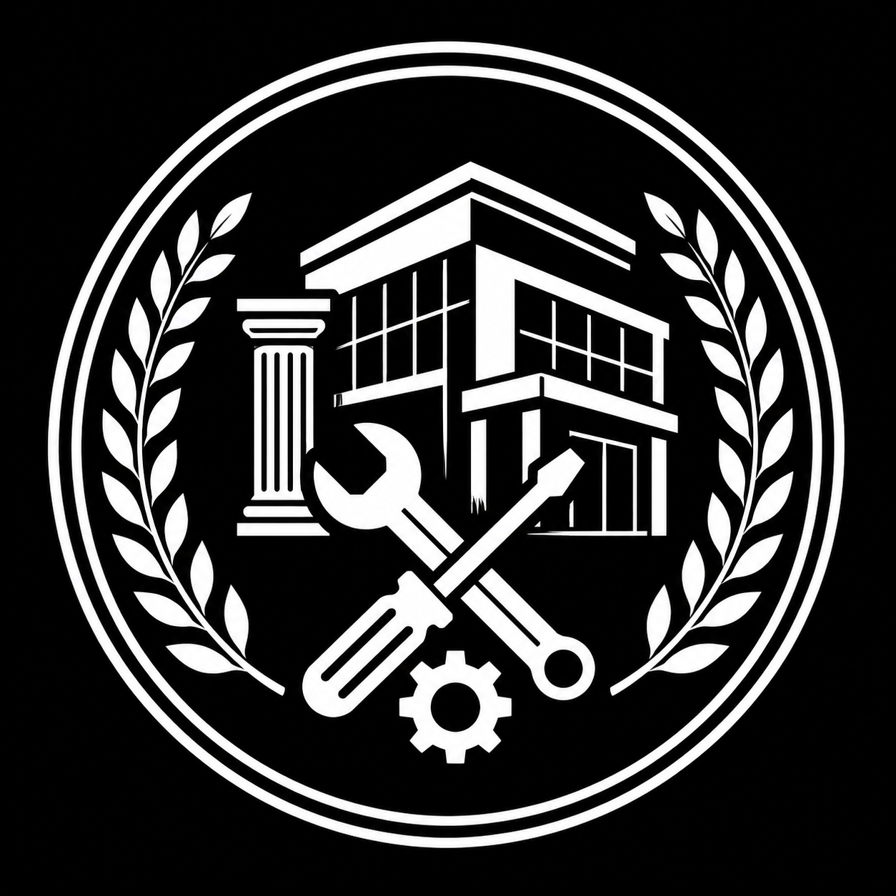 A black and white emblem featuring a modern house, a column, a wrench, a screwdriver, and a gear, surrounded by a laurel wreath.