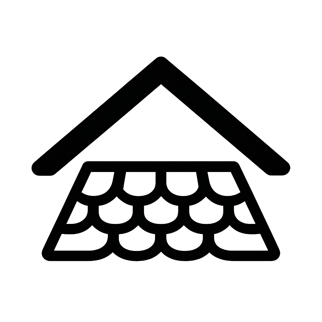 Outline of a house with a pitched roof and a patterned floor, resembling a simple drawing of a house.