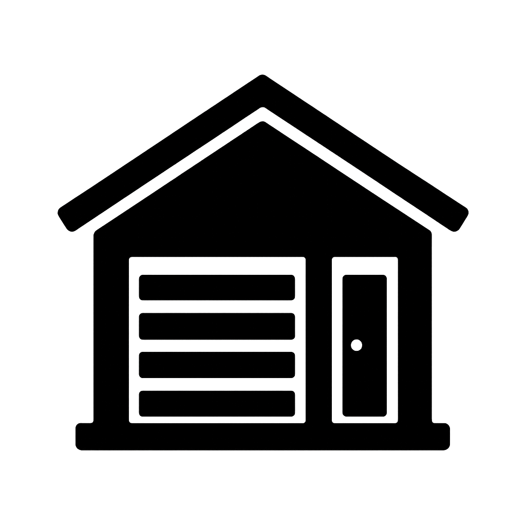 Icon of a garage with a garage door, main door, and roof outline on a dark background.