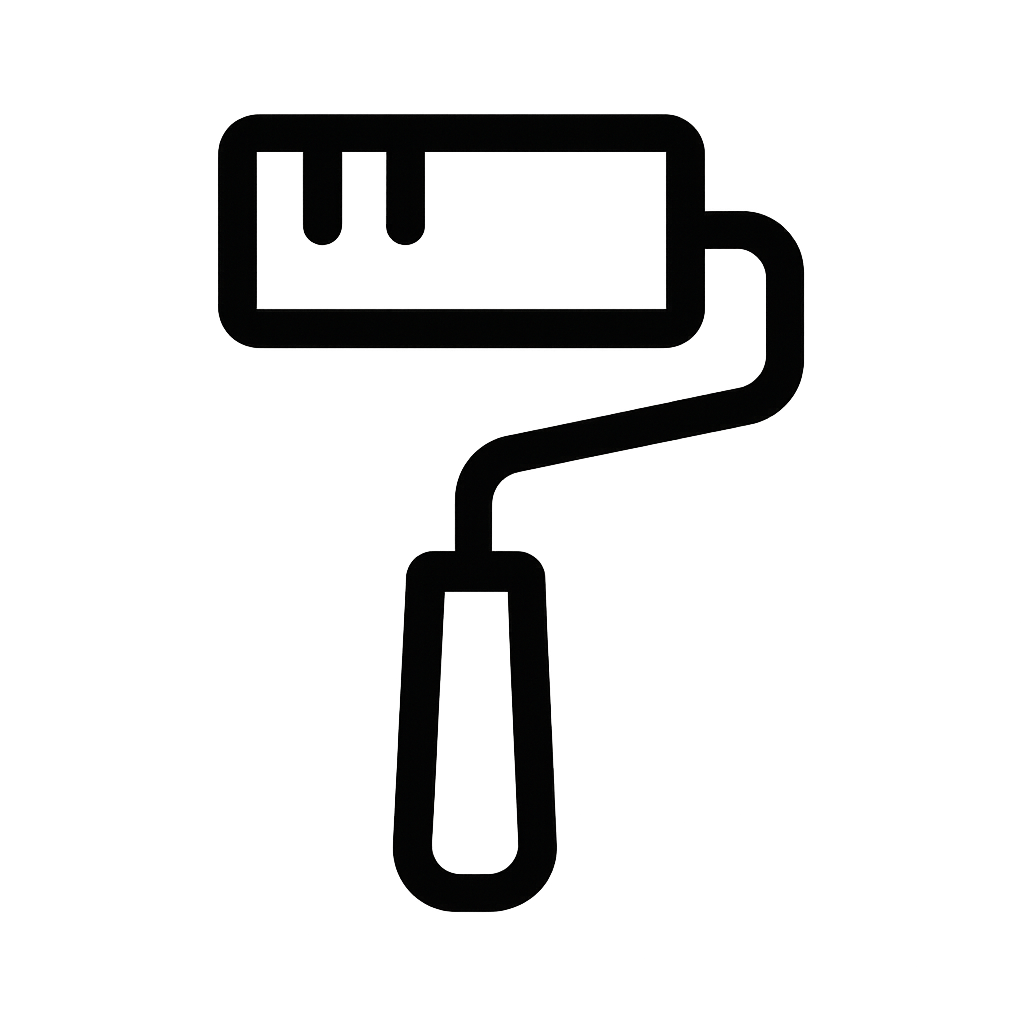 Outline drawing of a paint roller with a handle, roller attached, and paint on the roller.