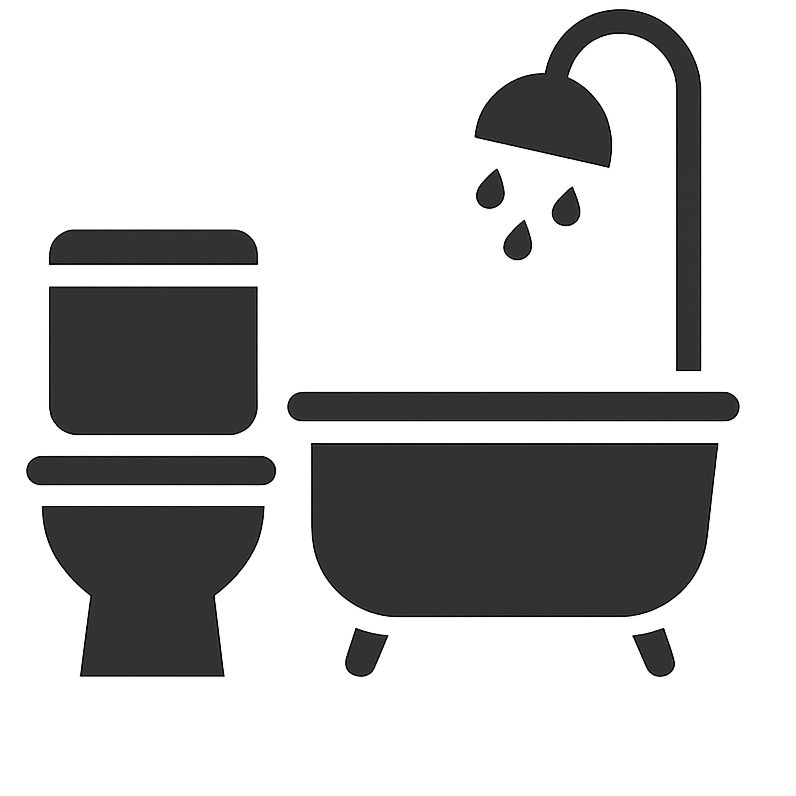 A black and white icon of a bathroom, featuring a toilet, a bathtub with a showerhead, and a small container or jar.