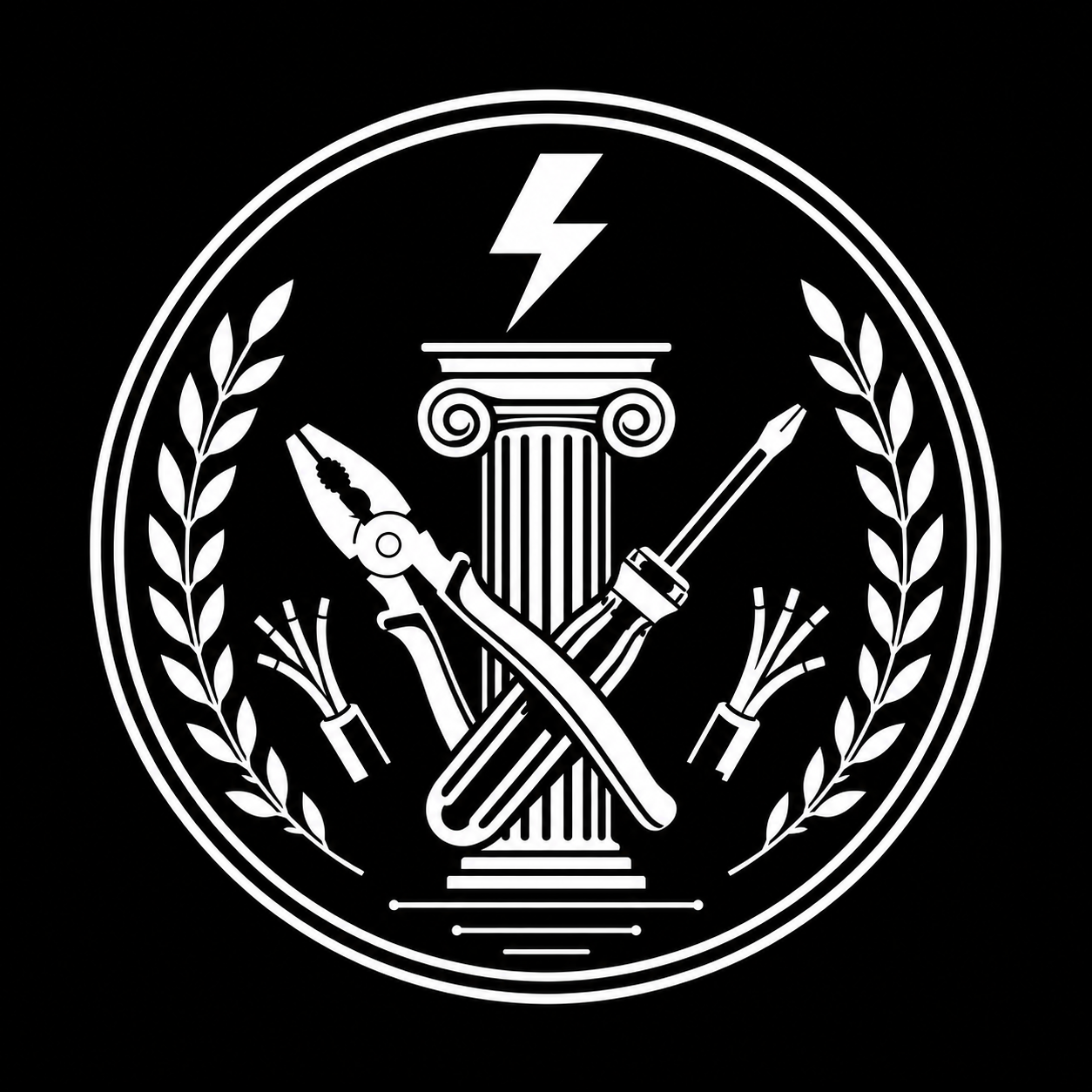A black and white emblem with a classical column in the center crossed by a fountain pen and a sword, surrounded by laurel branches, with a lightning bolt above the column.
