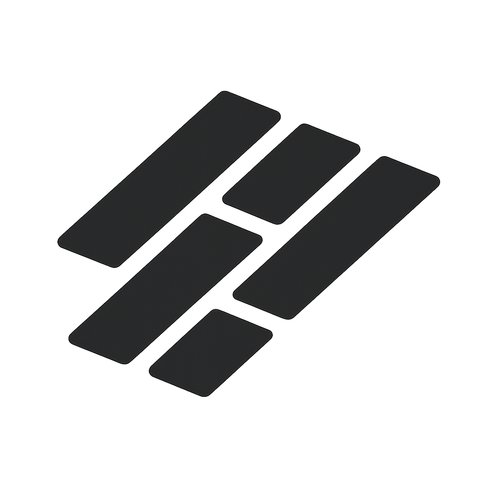 A set of six black kitchen stove burner covers of varying sizes arranged on a black background.