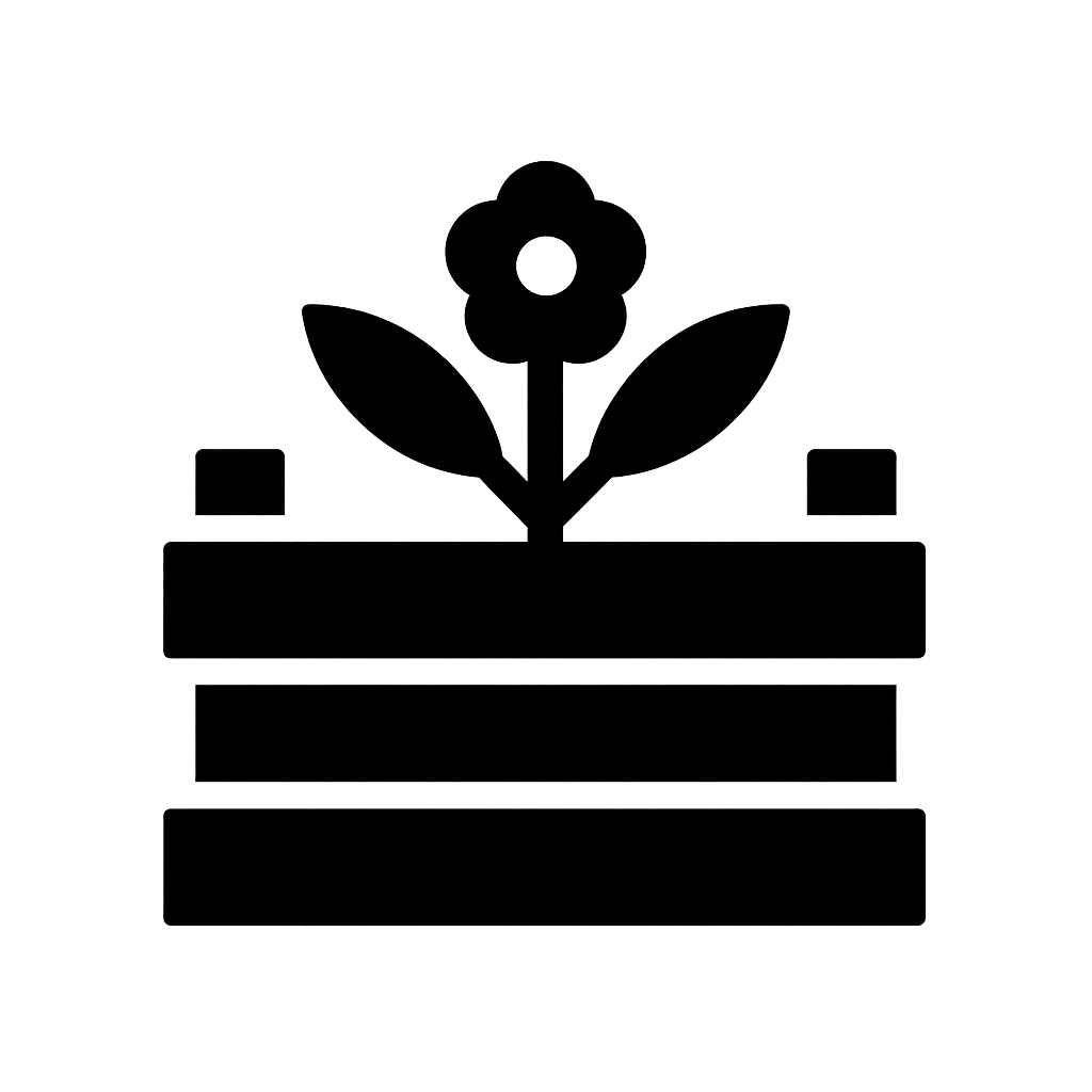 Outline drawing of a flower in a rectangular flowerpot with three horizontal labels or banners beneath it.
