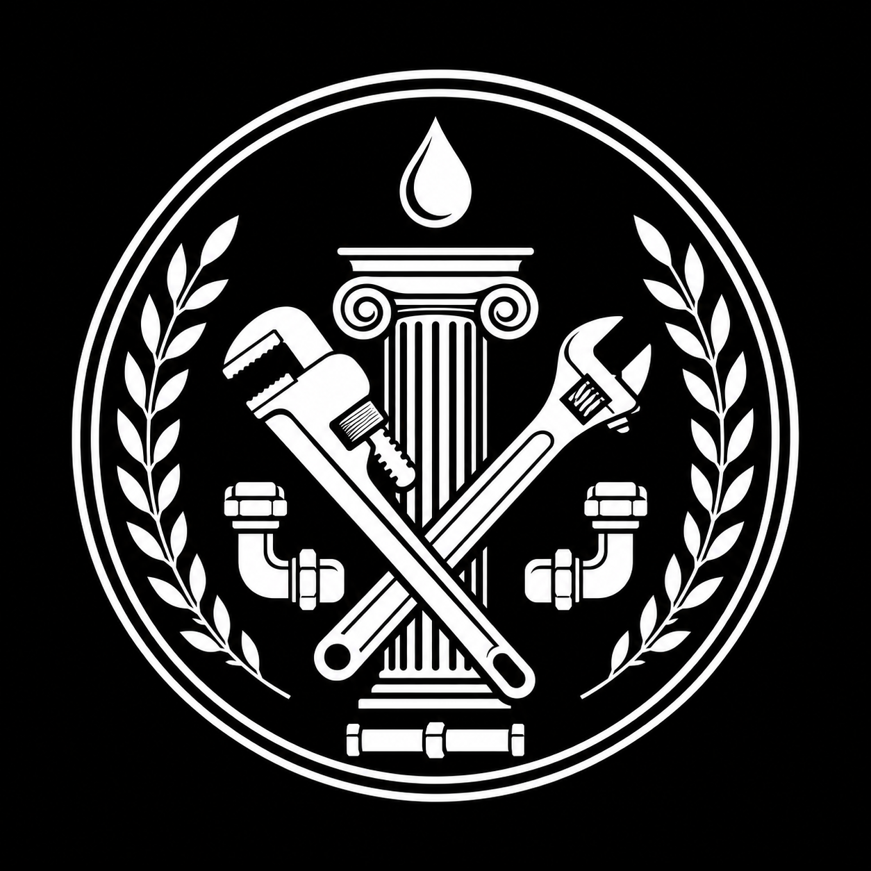 Black and white emblem with a central classical column topped by a droplet, surrounded by leaves and crossed plumbing tools, including a pipe wrench, an adjustable wrench, and a saw.