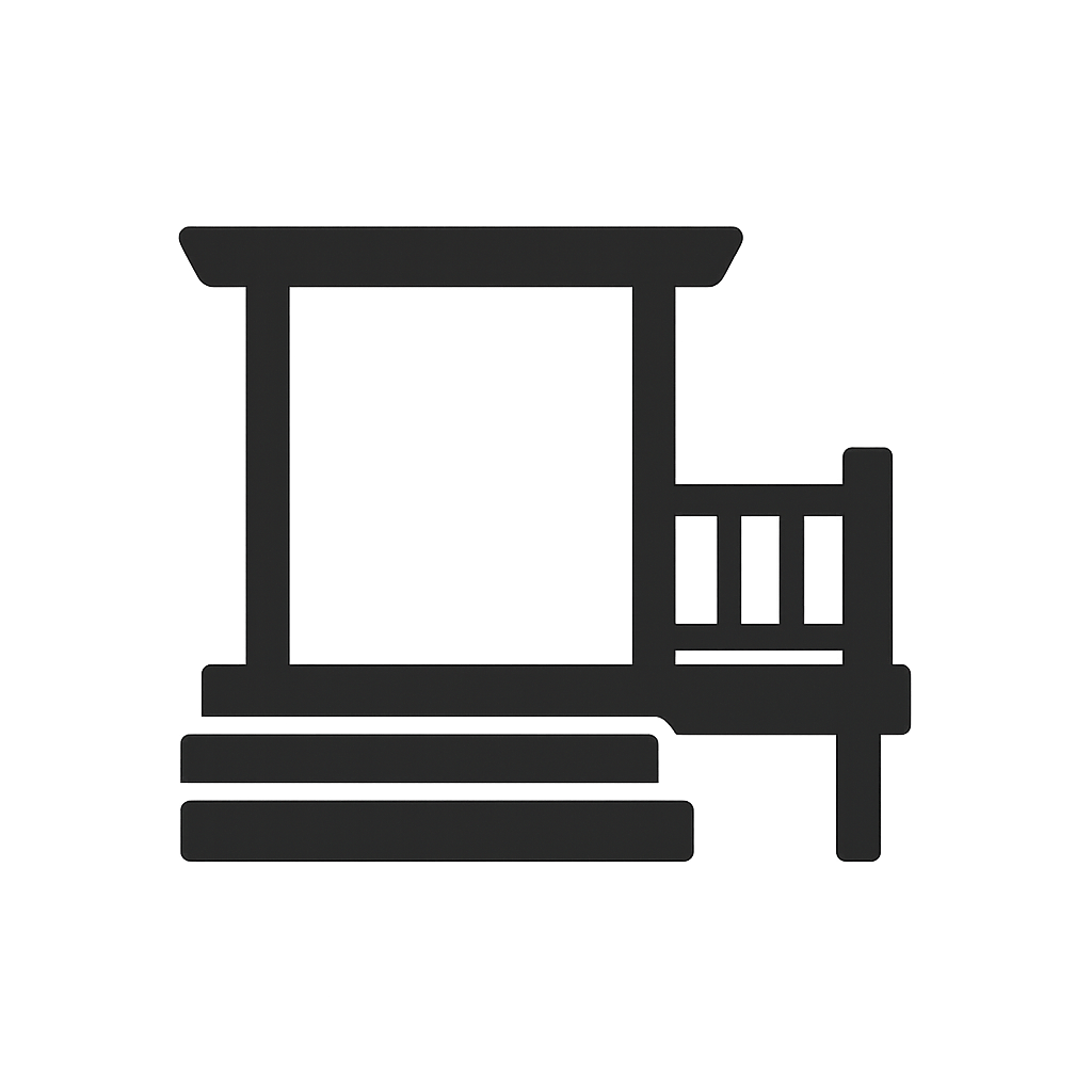 Silhouette outline of a modern bed with a headboard, footboard, and a side table, depicted in a dark, minimalistic style.