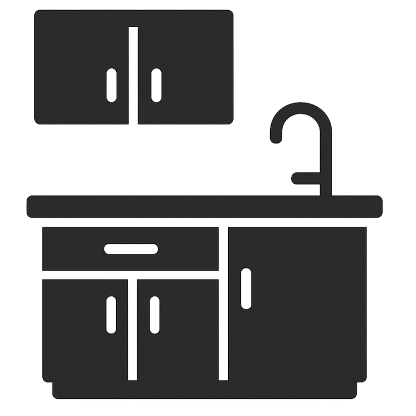Simple black icon illustration of a kitchen sink and cabinets.