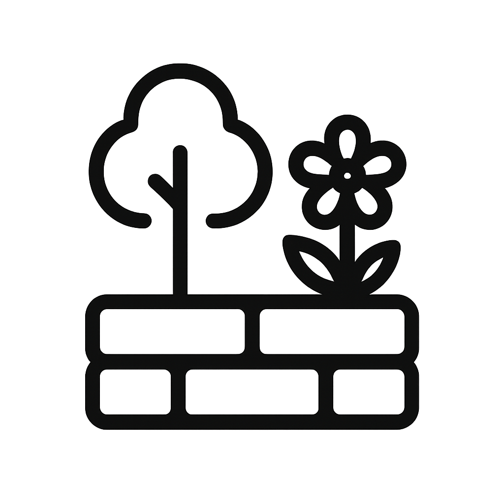 Outline of a tree and a flower growing in a flower bed.