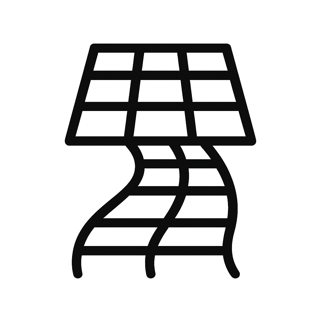 Line drawing of a solar panel mounted on a curved support structure.
