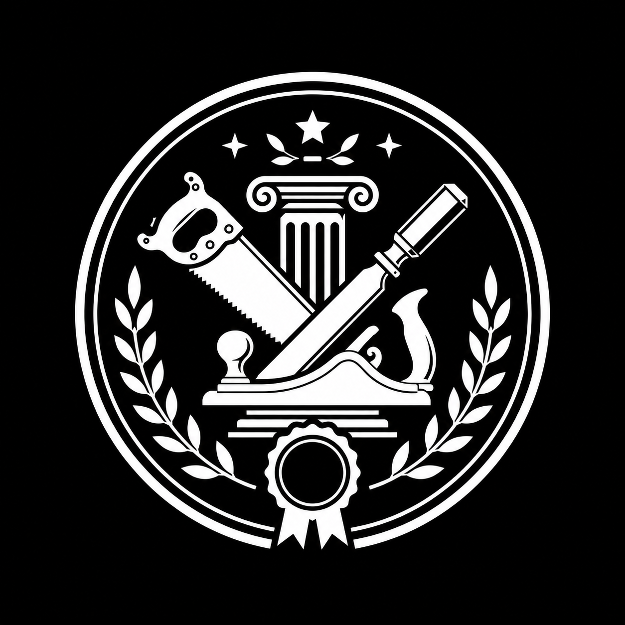 A black and white emblem featuring a saw, a basement, and a scroll, surrounded by laurel branches, a star, and a ribbon at the bottom.