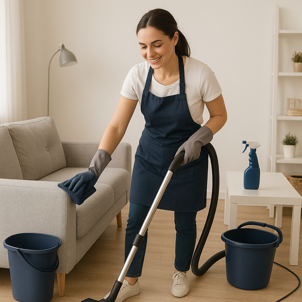 A woman wearing gloves and an apron is vacuuming a beige sofa in a living room. There are two blue buckets, a spray bottle, and a vacuum hose visible in the room.