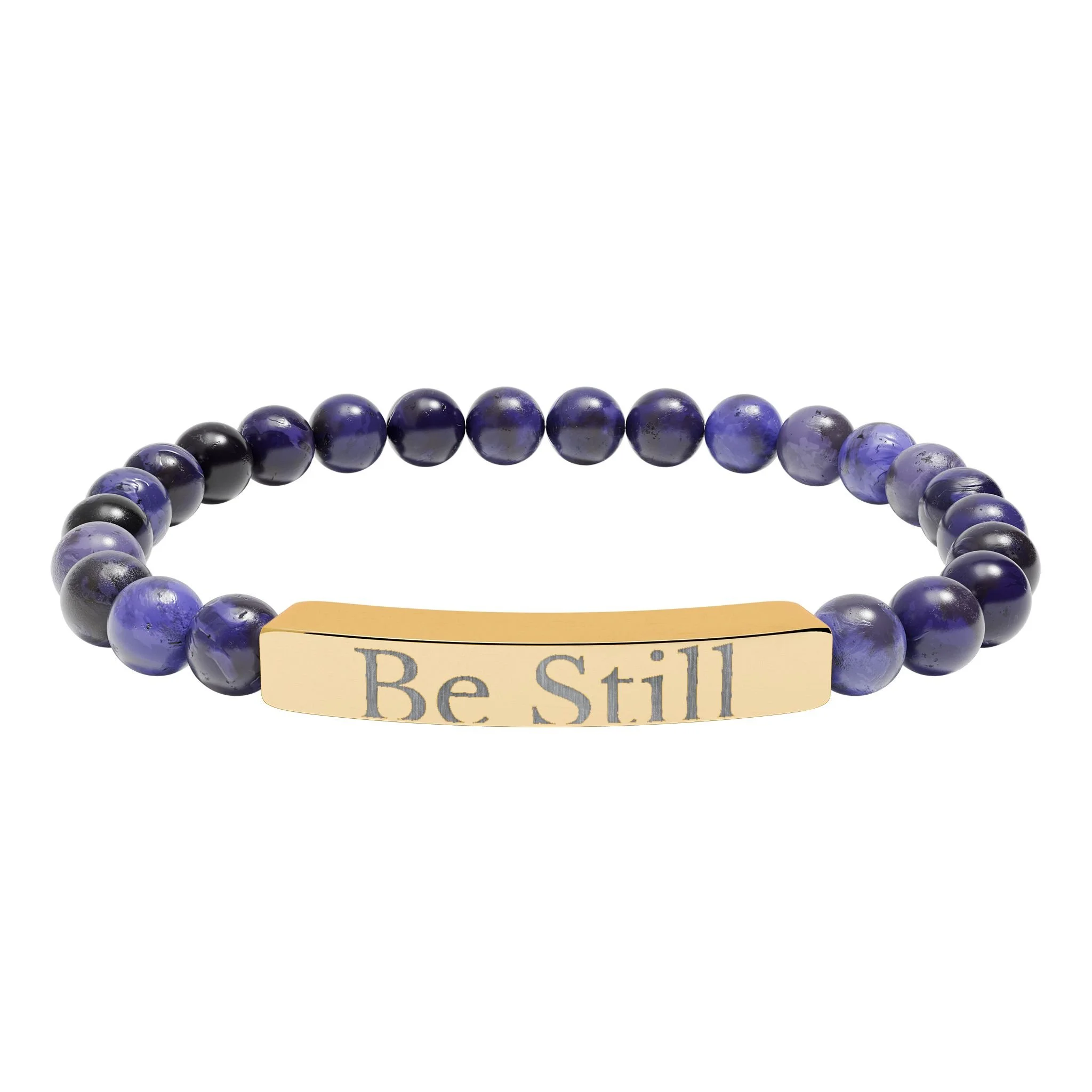 Beaded bracelet with purple and black beads and a beige plate engraved with 'Be Still'.