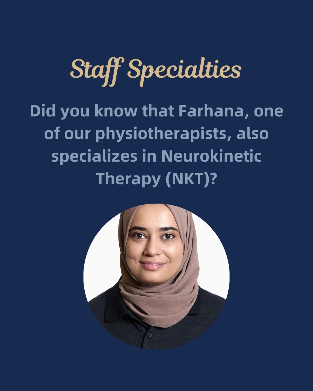 Did you know that Farhana, one of our physiotherapists, specializes in both pelvic floor physiotherapy AND neurokinetic therapy (NKT)?

NKT is a form of manual therapy that identifies any dysfunctional movement patterns through manual muscle testing.