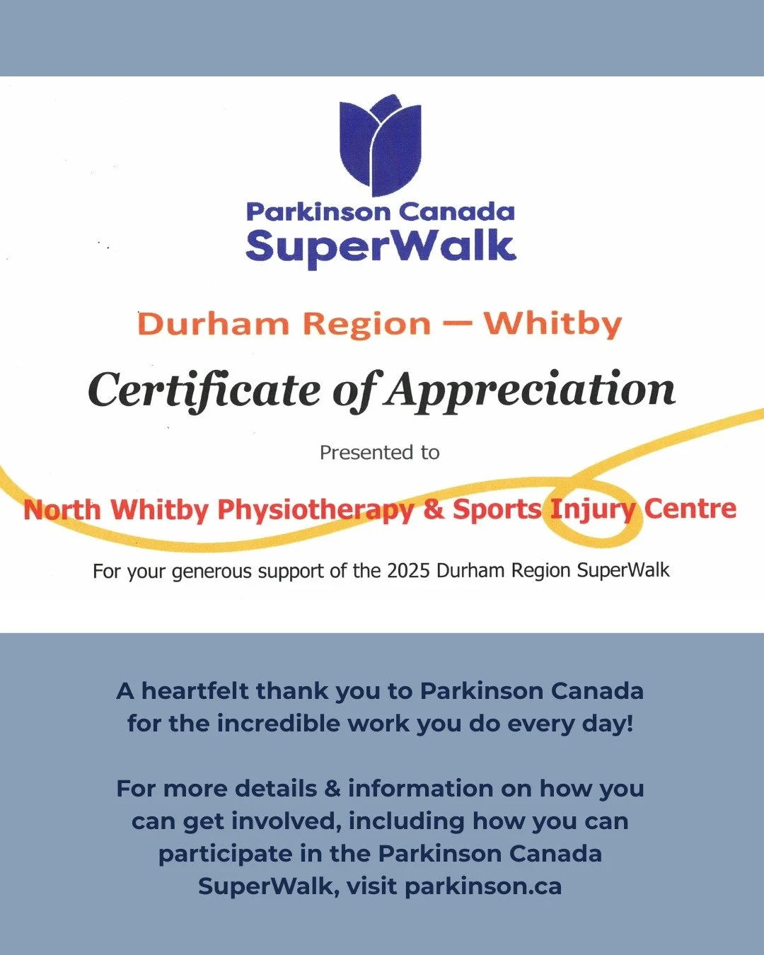 North Whitby Physiotherapy &amp; Sports Injury Clinic would like to extend a heartfelt thank you to Parkinson Canada for the incredible work you do every day in supporting individuals and families living with Parkinson&rsquo;s.

We are proud to suppo