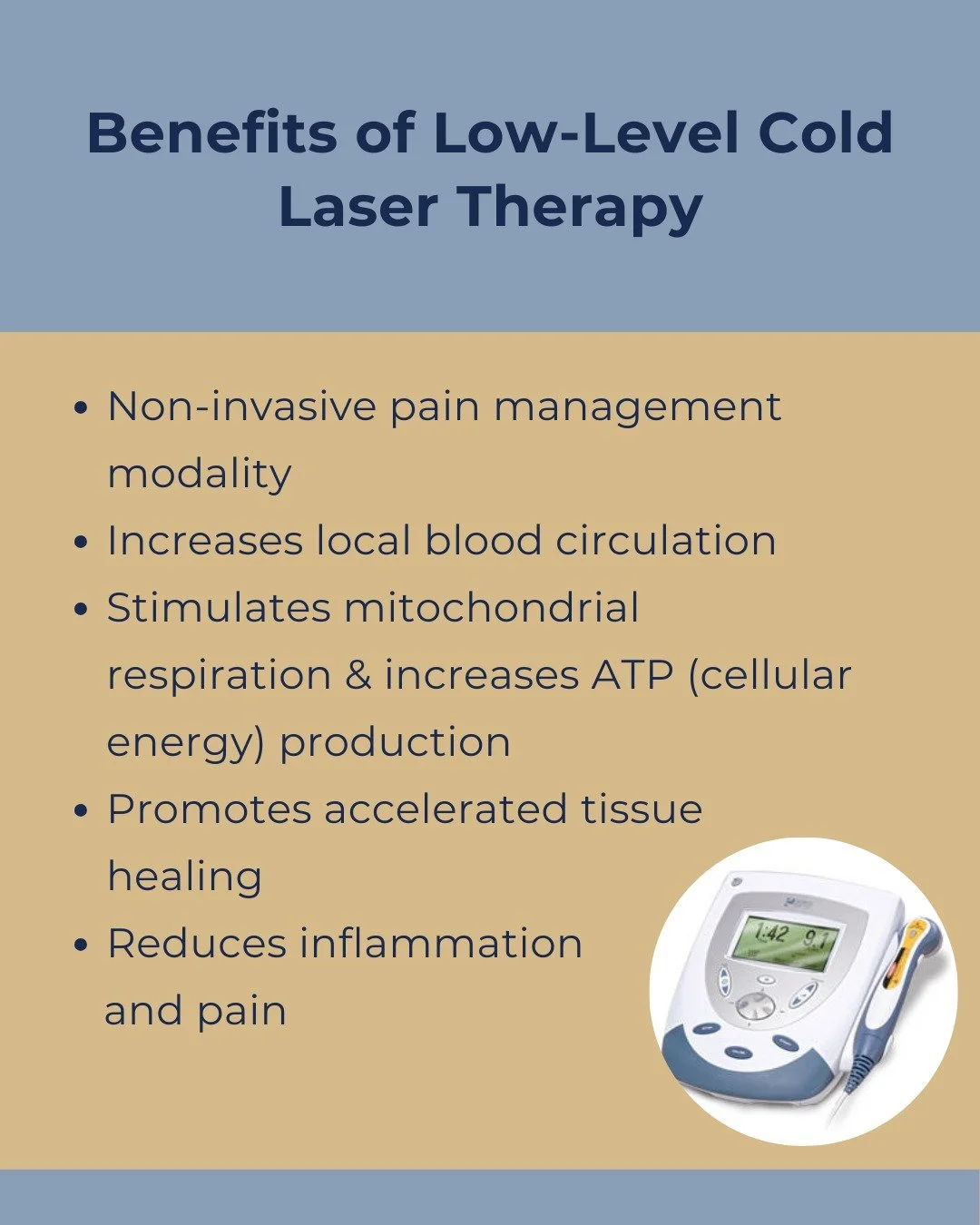 ✨ Low-Level Cold Laser Therapy ✨

At our clinic, cold laser therapy may be used as part of your physiotherapy treatment&mdash;depending on what your physiotherapist feels will best support your recovery.

Low-level cold laser therapy is a painless, n