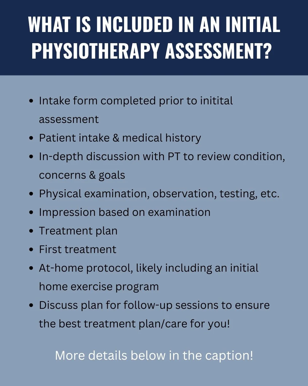 Wondering what is included in an initial physiotherapy assessment?

Your first physiotherapy appointment is all about understanding your body, your injury, and your goals so we can create the best plan for your recovery.

Here&rsquo;s what you can ex