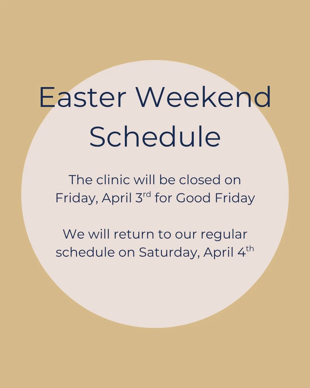 Hi everyone! Please note the clinic will be closed on Friday, April 3rd for Good Friday.

We will be OPEN on Saturday, April 4th and will return to our regular schedule then!