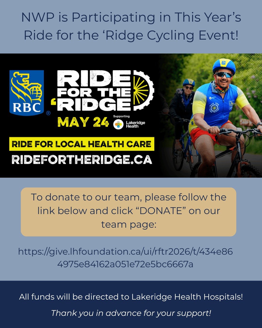 North Whitby Physiotherapy &amp; Sports Injury Clinic is participating in this year's Ride for the 'Ridge! 🚴&zwj;♀️🚴&zwj;♂️

In partnership with the four Foundations of Lakeridge Health, hundreds of riders, volunteers, and community supporters will