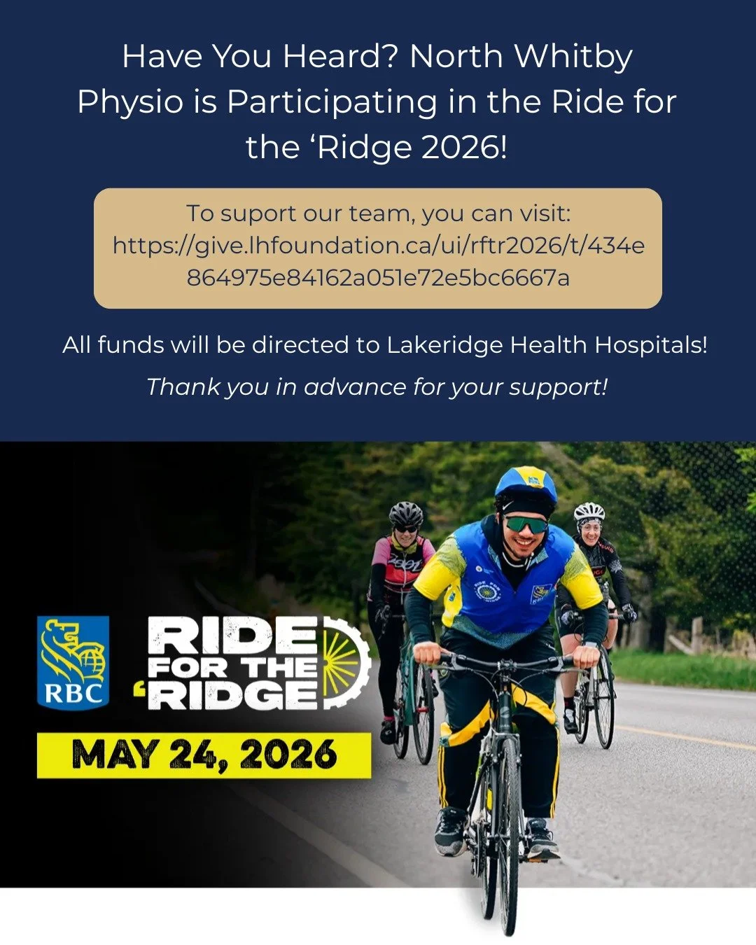 North Whitby Physiotherapy &amp; Sports Injury Clinic is participating in this year's Ride for the 'Ridge! 🚴&zwj;♀️🚴&zwj;♂️

In partnership with the four Foundations of Lakeridge Health, hundreds of riders, volunteers, and community supporters will