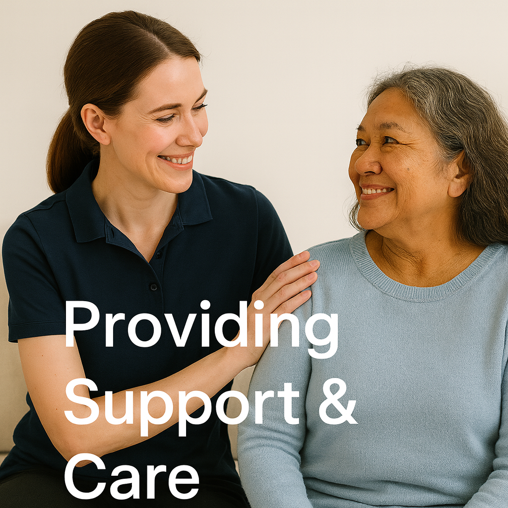 A young woman providing support to an elderly woman, smiling warmly at each other.