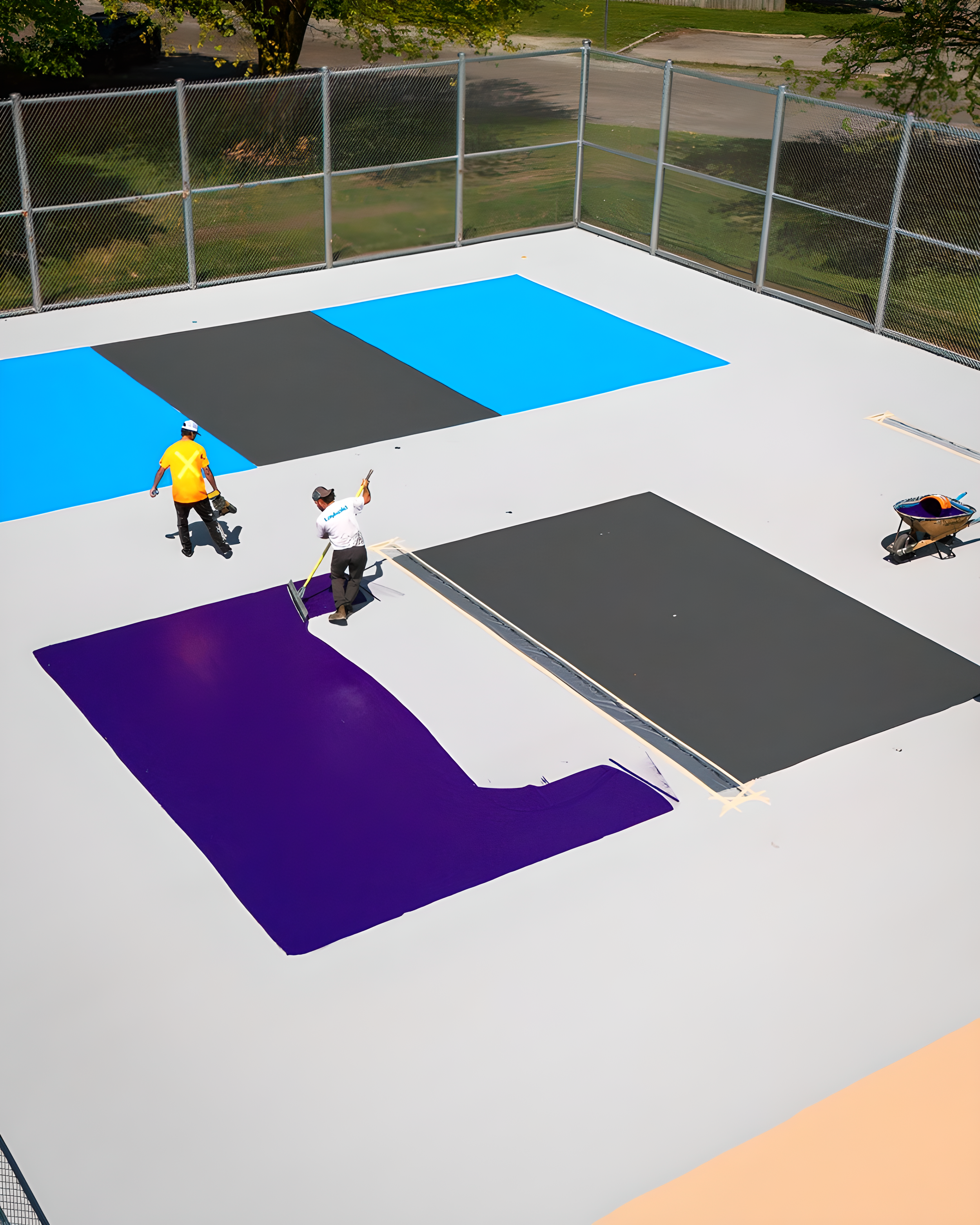 Personas trabajando en un patio de recubrimiento de pisos, pintando áreas en diferentes colores como morado, negro, azul y gris, con herramientas y equipo de pintura.