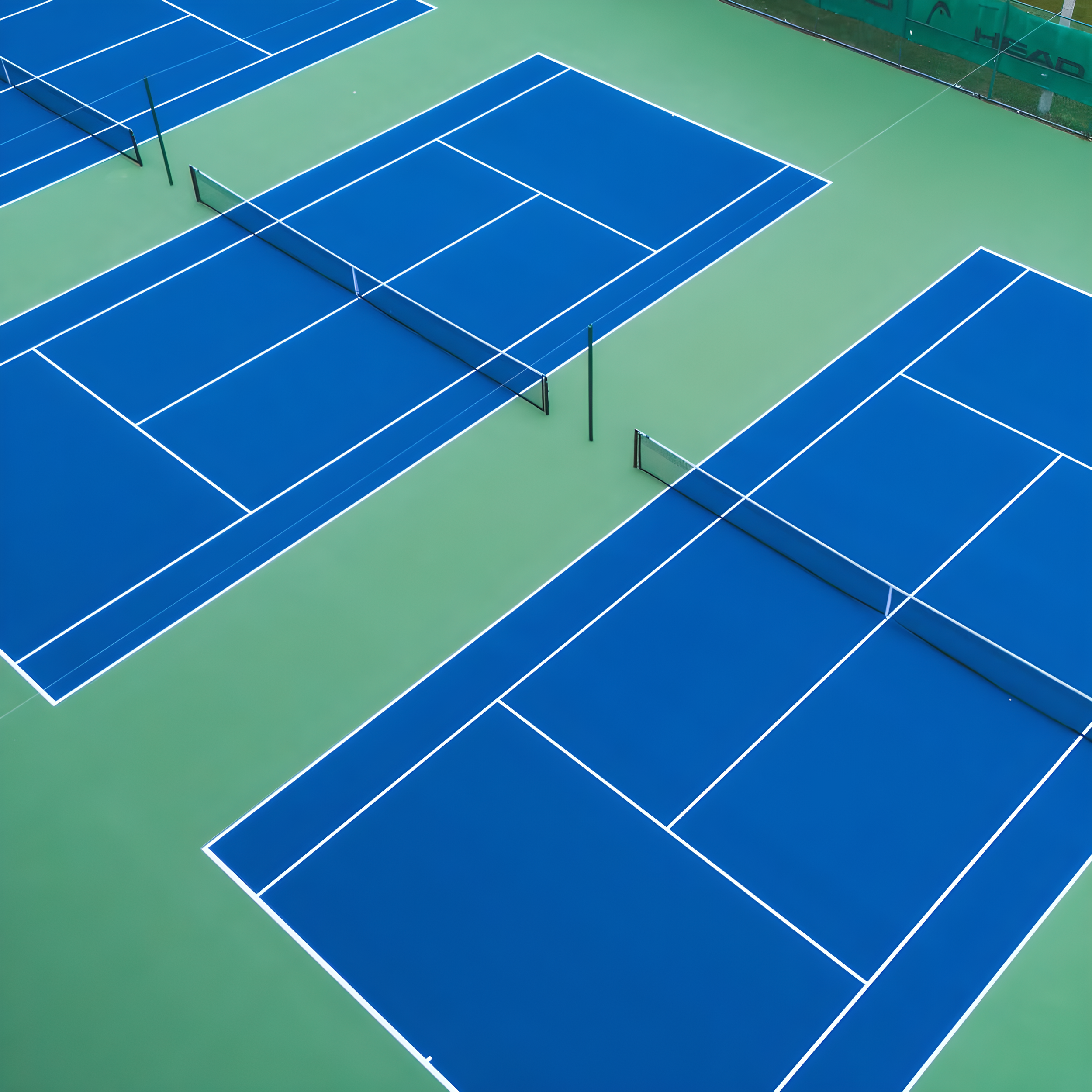 Cancha de tenis con varias pistas y vallas de protección en un campo de color verde y azul.
