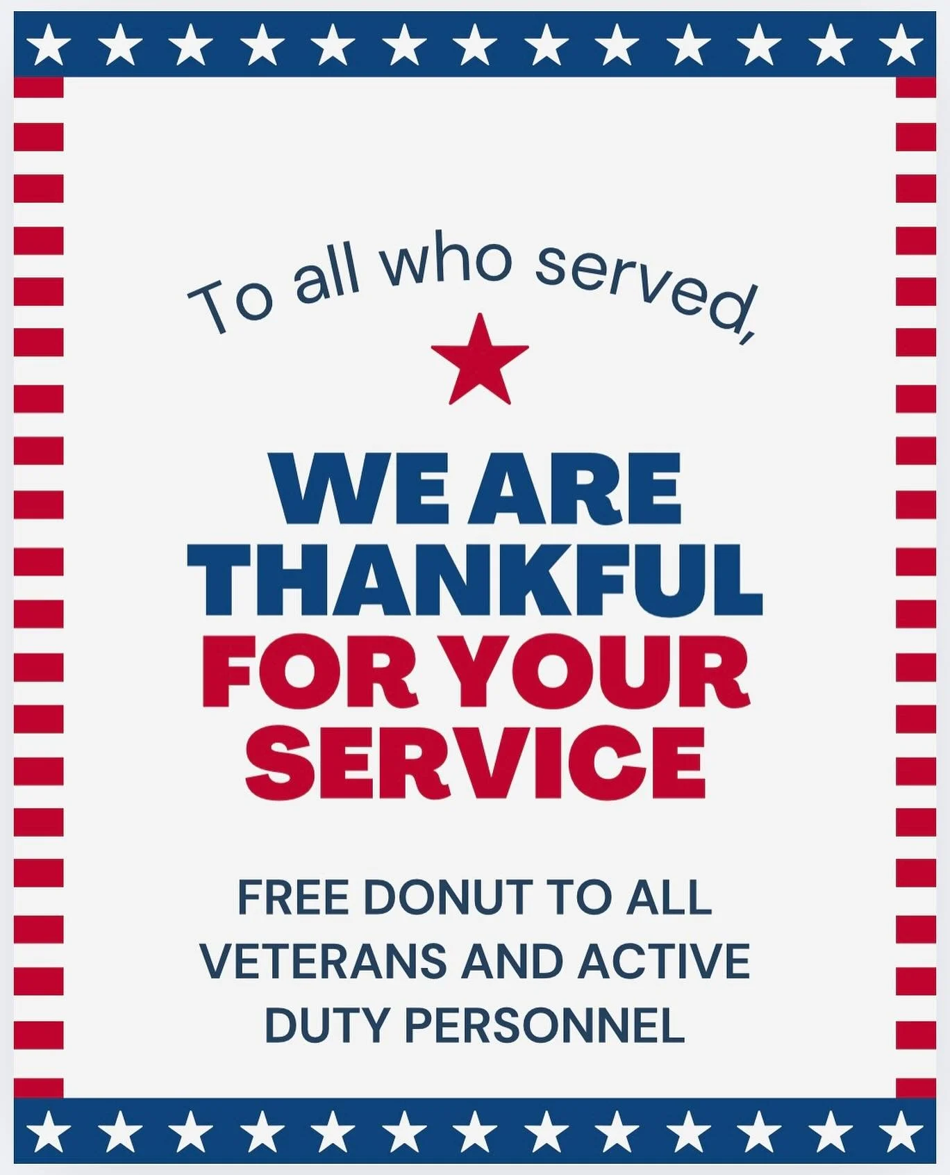FREE DONUT to all veterans and active duty personnel ❤️🤍💙🇺🇸 We can&rsquo;t thank you enough for your service! 

#veteransday #freedonut #sandyponydonuts #bethanybeach #annapolismd