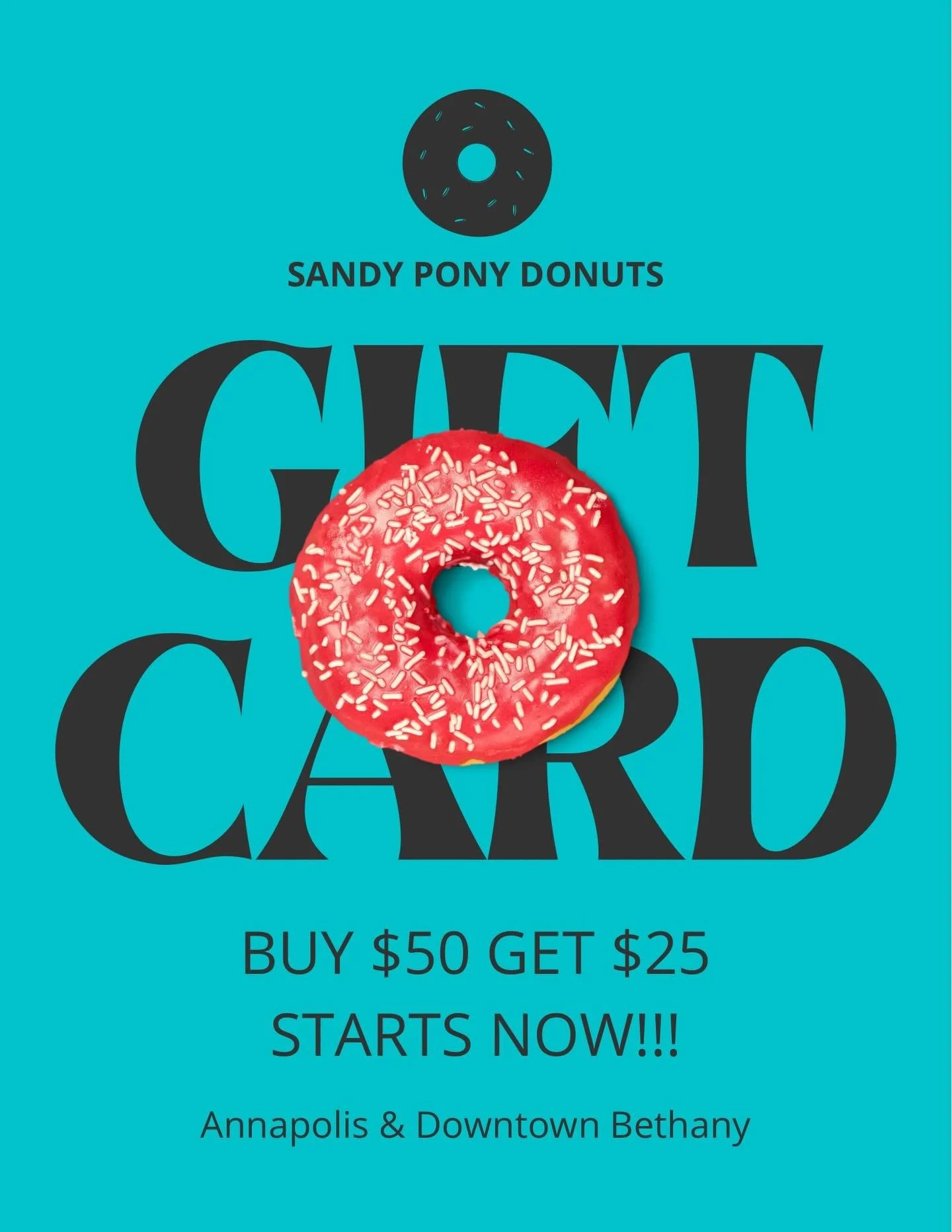 We&rsquo;d like to say THANK YOU to all of our loyal customers over the last 10 years! 

Gift card special STARTS NOW!!! 
Buy $50 get $25 

Available at our Annapolis &amp; downtown Bethany locations! 

#sandyponydonuts #annapolismd #bethanybeachde #