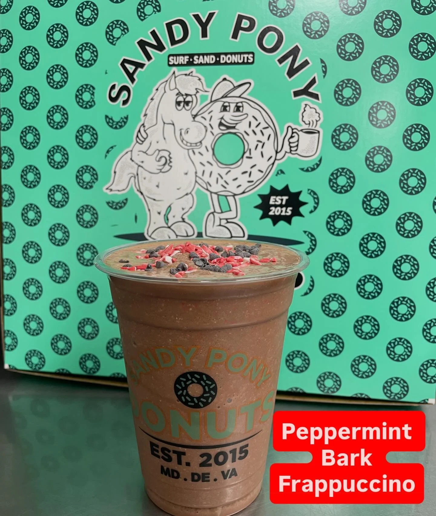 Peppermint Bark Frappuccino! $7.95 available at downtown Bethany! 

#sandyponydonuts #peppermintbarkfrappuccino #peppermintbarkfrappe
