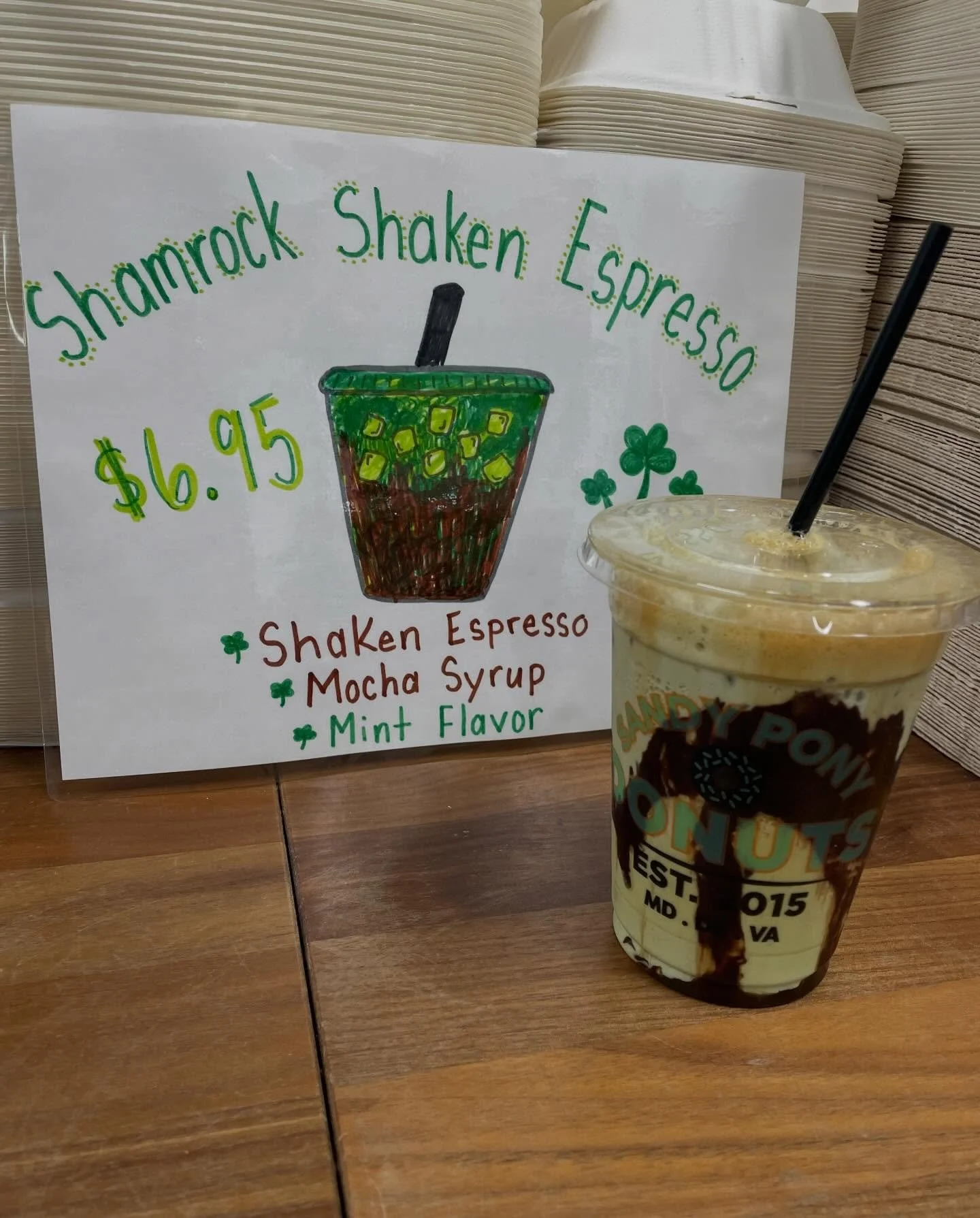 🍀Shamrock Shaken Espresso🍀 
Available at our downtown Bethany shop! Open 7-1!

#shamrockshakenespresso #sandyponydonuts #bethanybeach