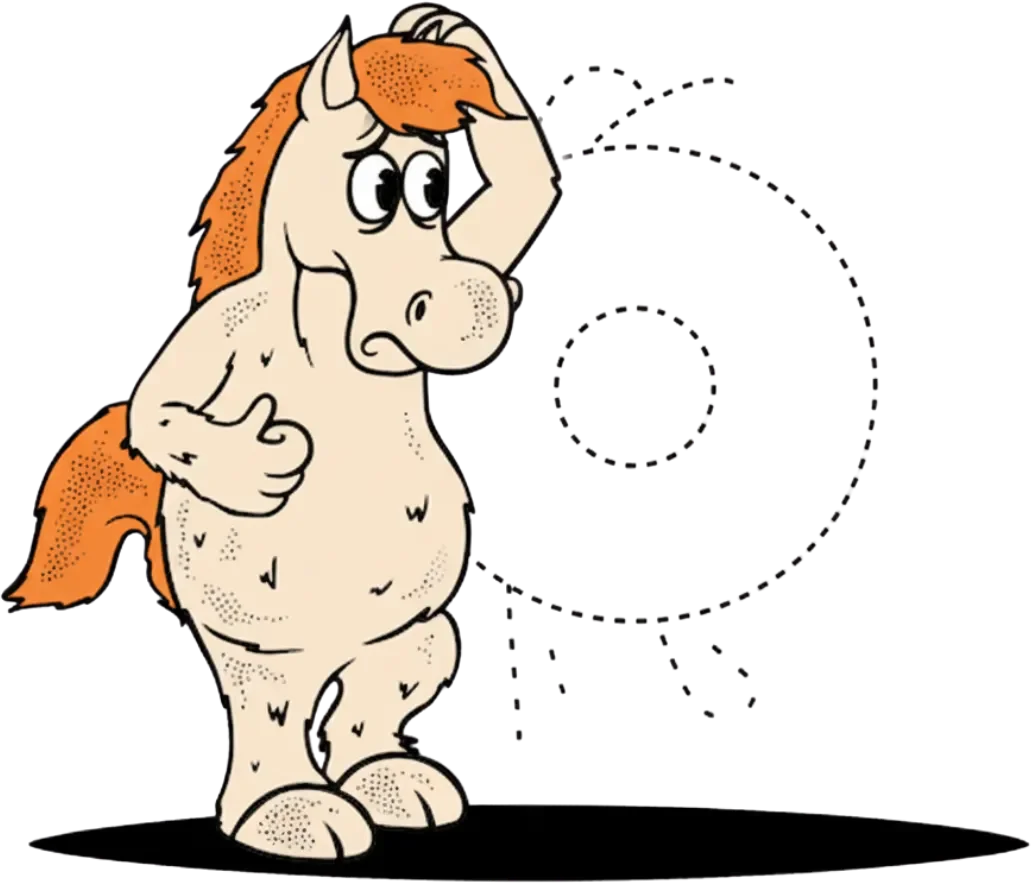 A cartoon horse holding its forehead with one hand, looking confused or worried.