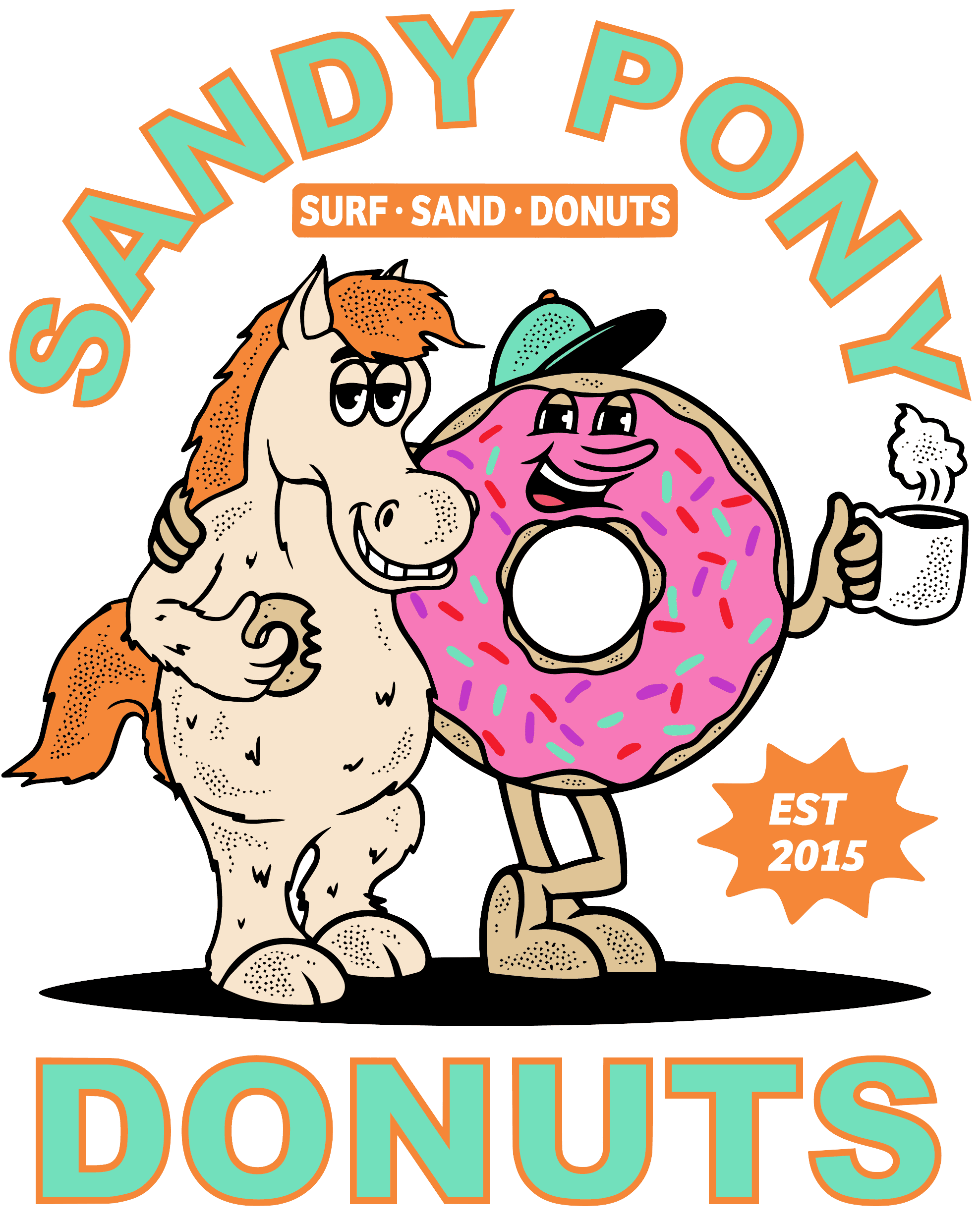 Cartoon logo for Sandy Poni Donuts featuring a cheerful horse holding a pink frosted donut with sprinkles and a coffee mug, with bright orange and blue text and an orange starburst stating 'Est 2015'.