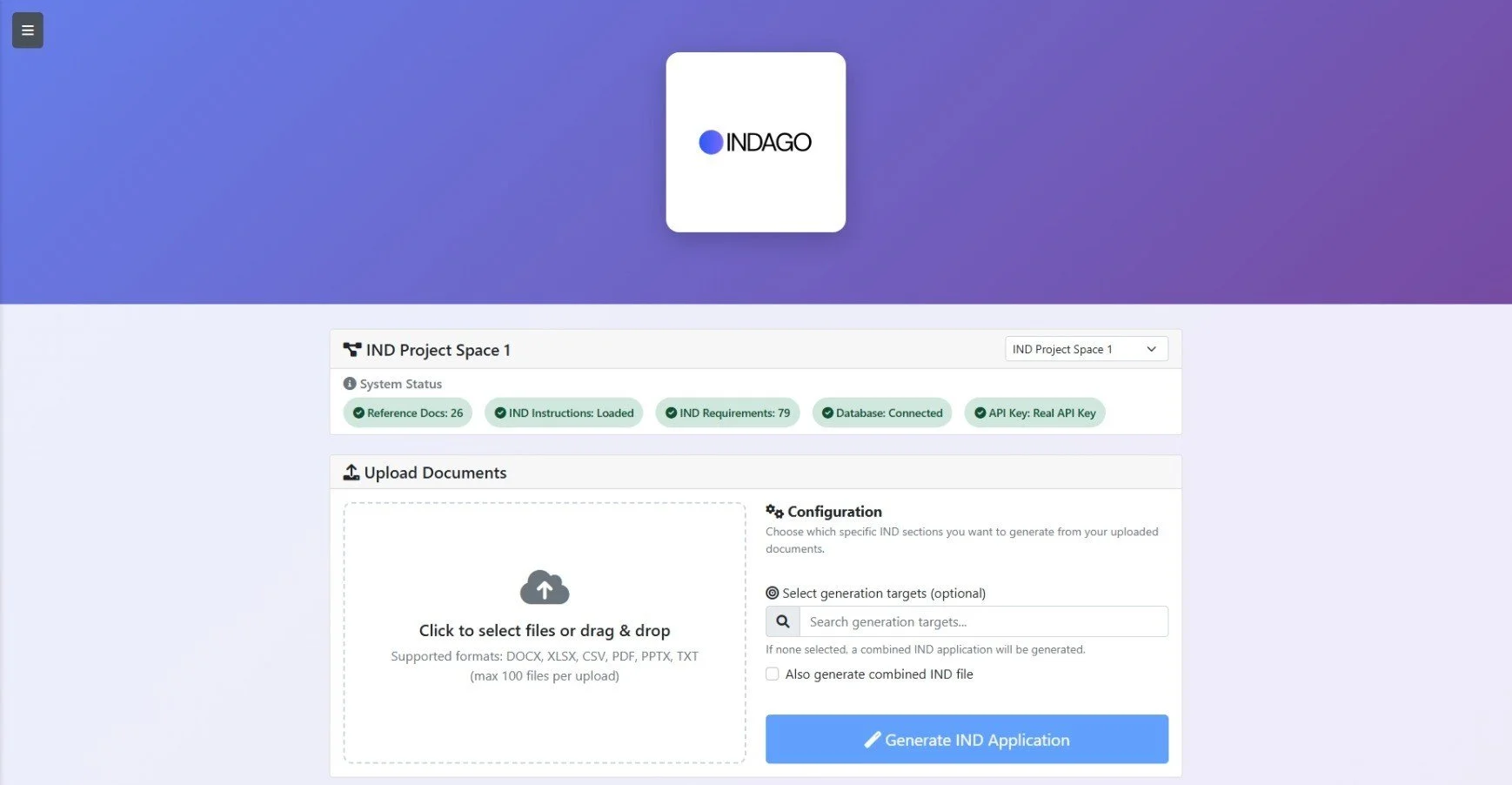 Screenshot of INDAGO platform user interface showing project details, system status, and document upload section with a blue 'Generate IND Application' button.