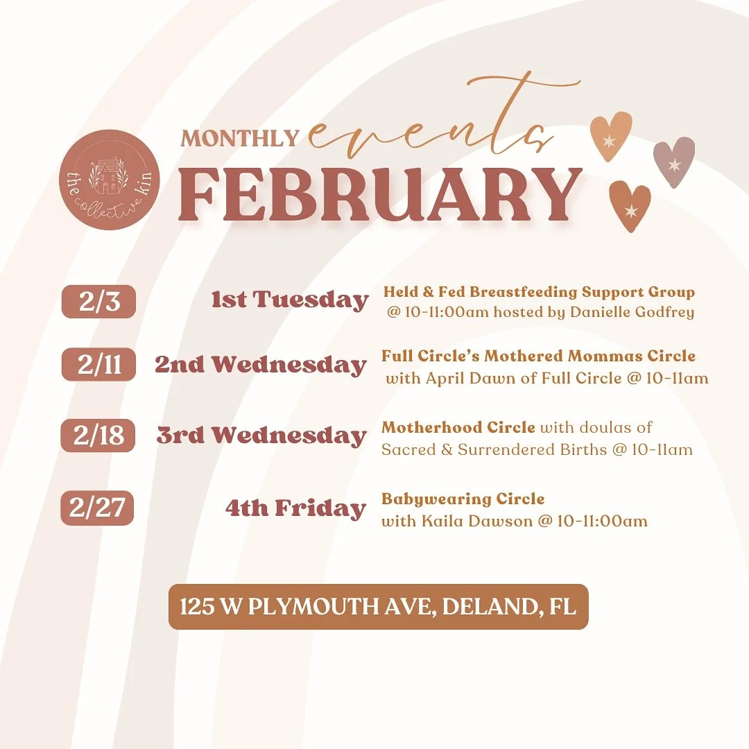 The Collective Kin is excited to welcome you to our space for some amazing support circles and special events! Just us for one for one of our February events:

✨ 2/3 &bull; 10-11:00am ✨
Held &amp; Fed Breastfeeding Support Group with Danielle Godfrey