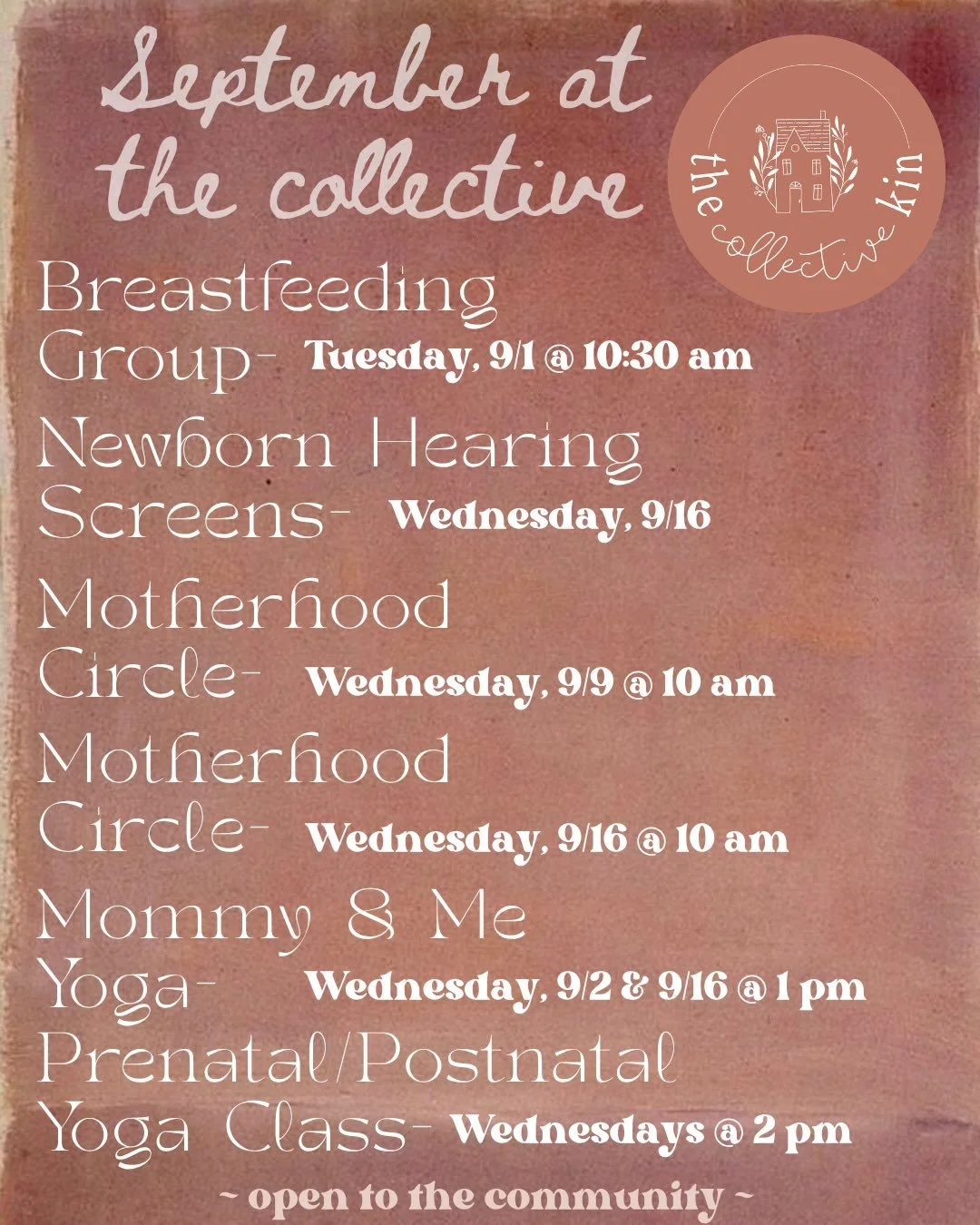 September at @thecollectivekin 🍂 
Please note we will not be having our baby wearing support group this month.
