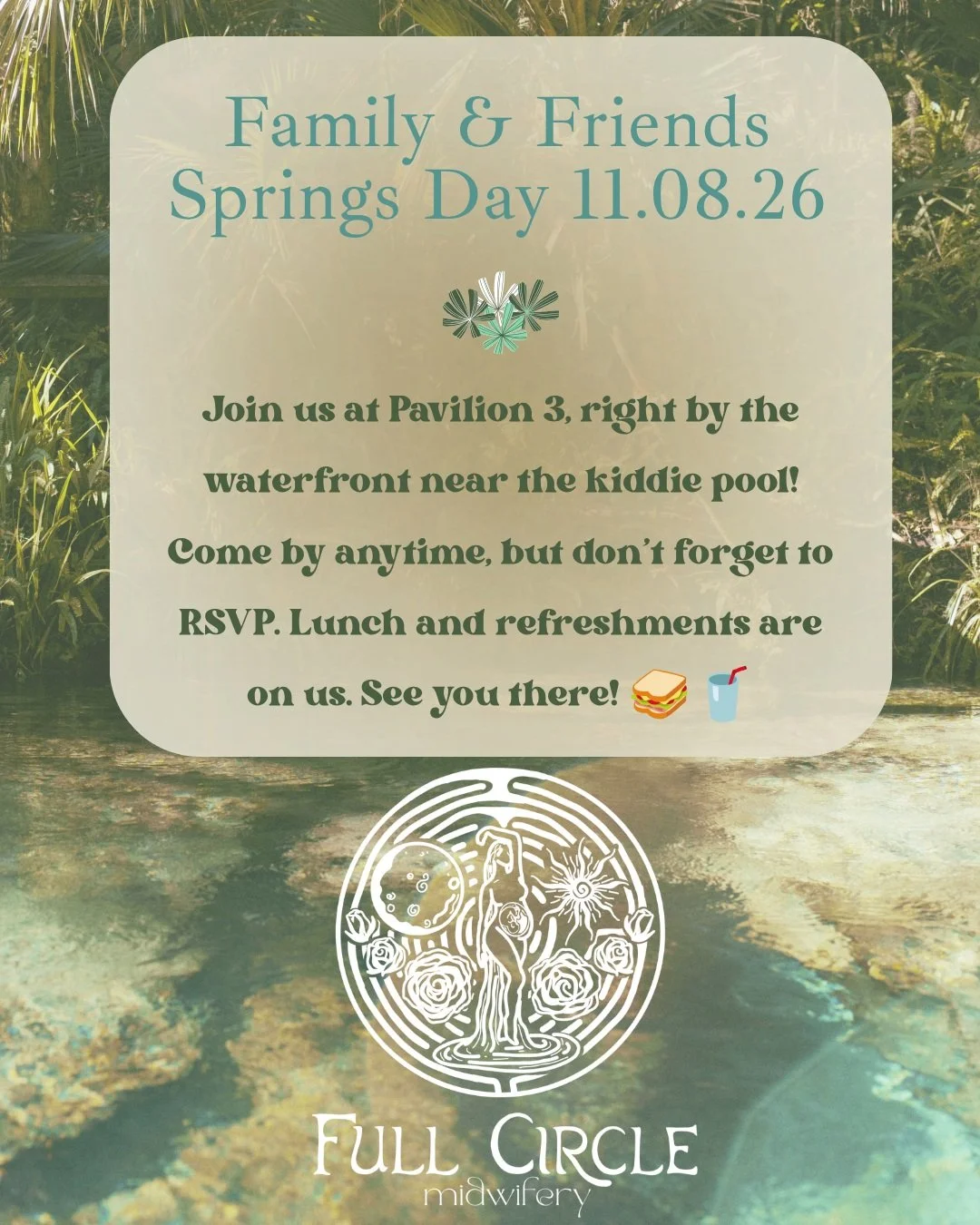 We look forward to spending the day with you at the springs. 

Please email info@fcmidwifery.com or text us for the registration link and head count. 

This will be our last community event of the year. Sadie, April and I are so excited to see you al