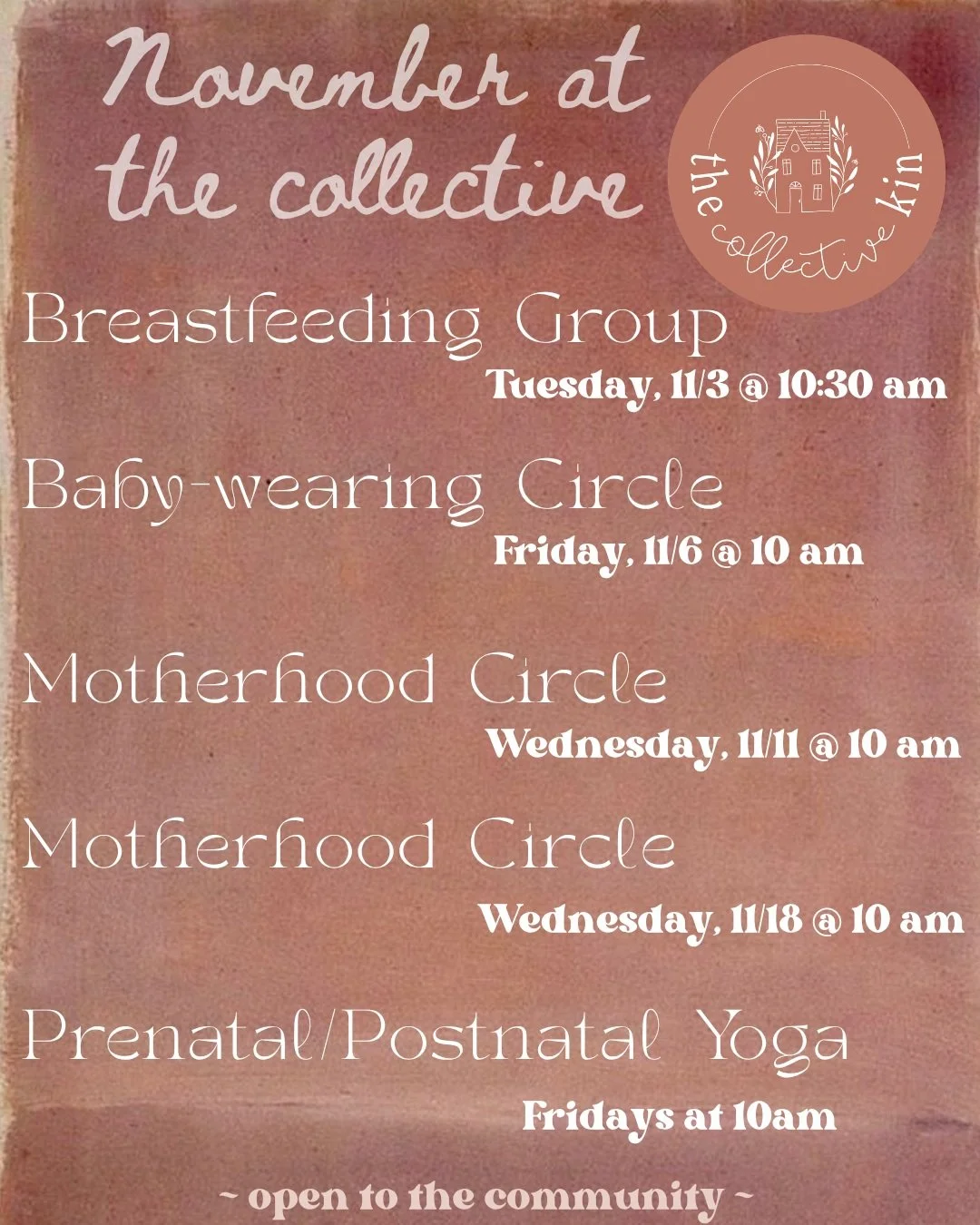 We can't believe it's November already!
We'd love for you to join us at one of our events this month! 
*There is a new day/time for yoga - it's Fridays at 10am!
*Also, baby-wearing circle is on a new date!
