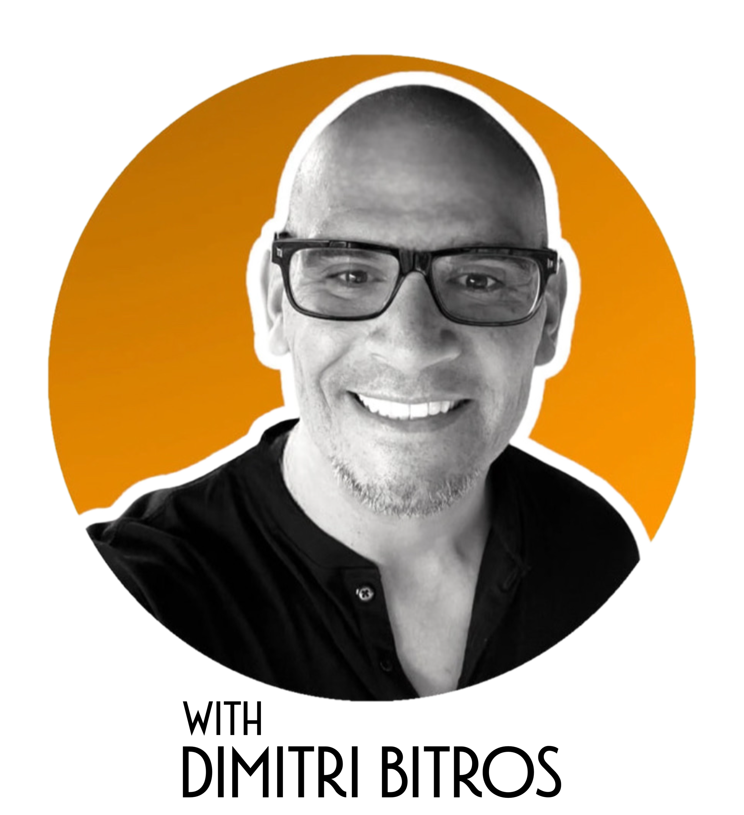 Black and white photo of smiling man with glasses, wearing a dark shirt, against an orange circular background.