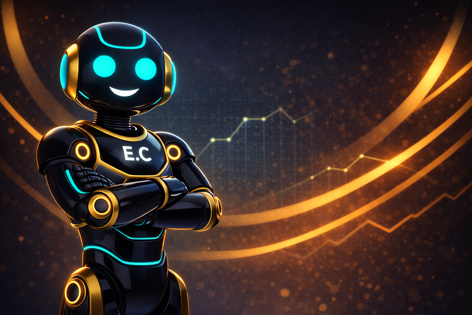 A robot with glowing blue eyes and a smile, crossing arms, standing against a background of orange and yellow lines and graphs.