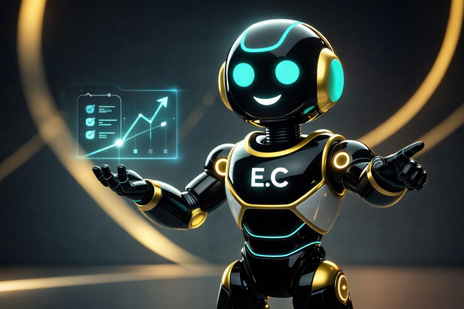 A black and gold humanoid robot with a smiling digital face and the letters 'E.C' on its chest, pointing at a floating transparent digital chart with checkmarks and an upward trending graph.