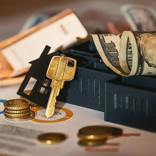 A small house-shaped keychain, a stack of coins, a rolled hundred-dollar bill, and a blurred box, all on a financial document or sheet.