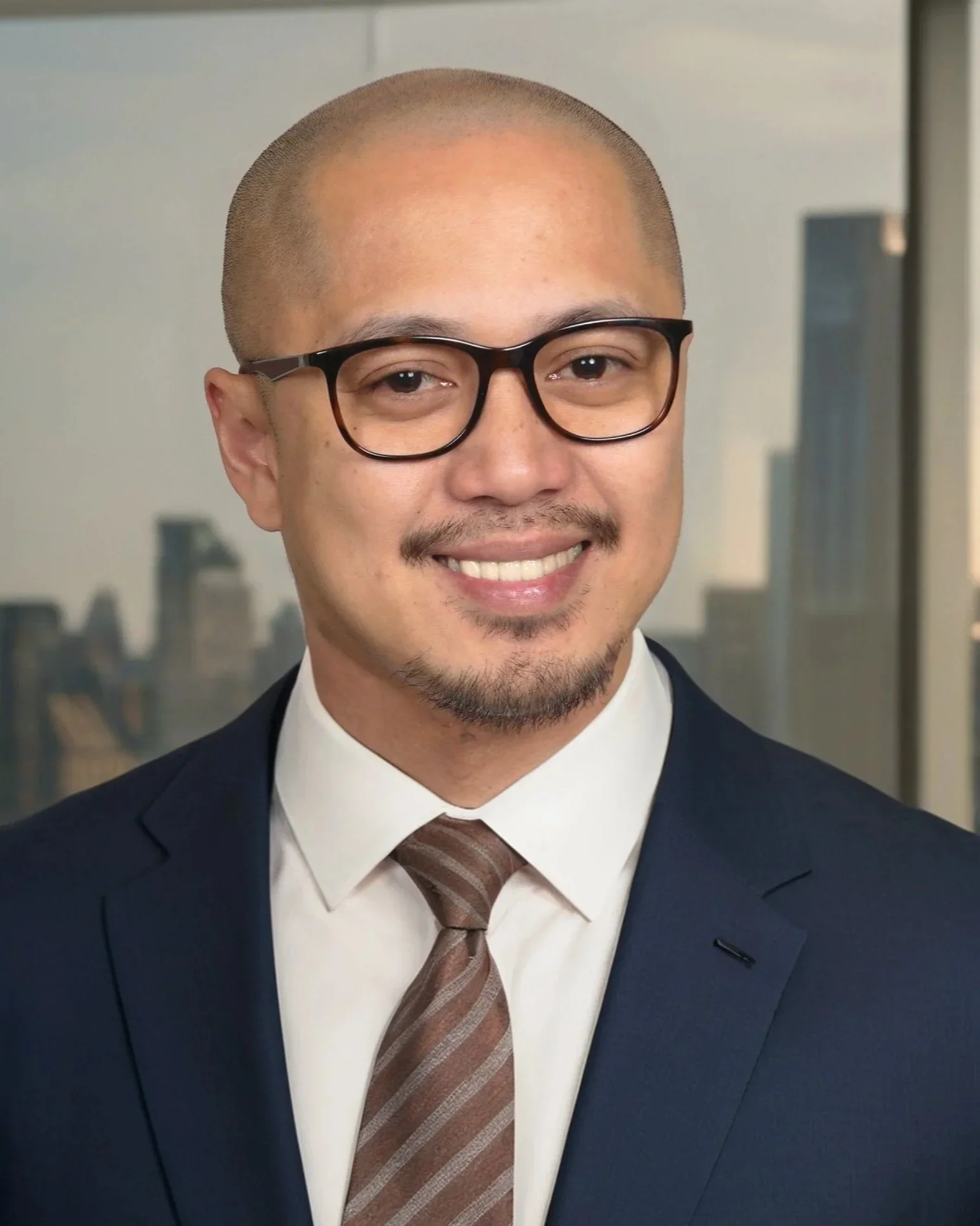 Man wearing glasses, a dark blue suit, a white shirt, and a brown striped tie, smiling, with a cityscape background.